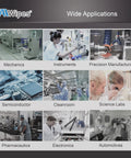 AAwipes cleanroom wipes collage showing wide applications in labs, electronics, pharmaceuticals, and semiconductors.