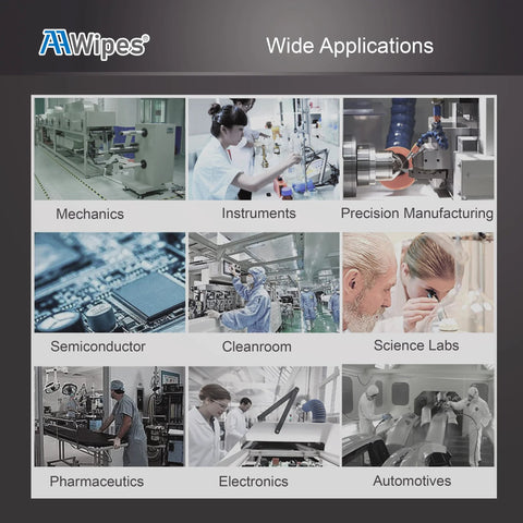 AAwipes cleanroom wipes collage; 9x9in nonwoven cellulose/polyester wipes for labs, electronics, pharmaceuticals.