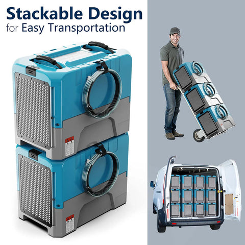 Beast Mode Commercial Dehumidifier Handles 180 Pints Daily Built In Drain Pump stacked for easy transport in van.