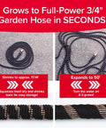50 Foot Expandable Garden Hose Featuring Tough Copper Blend Core And Adjustable 10 Spray Pattern Dial For Hassle Free Kink Free Backyard Watering Jobs, showing two states of expansion.