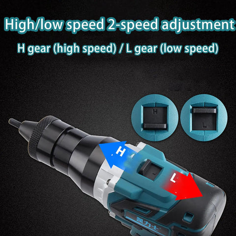 Cordless Rivet Nut Setter Gun With Dual Speed Gears And Rechargeable Battery Includes Seven Quick Swap Die Heads M3 Through M12 gear adjustment display