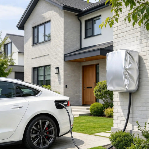 Tough As Nails Waterproof EV Charging Station Cover With All Season Dust Shield mounted on a wall beside a charging electric vehicle.