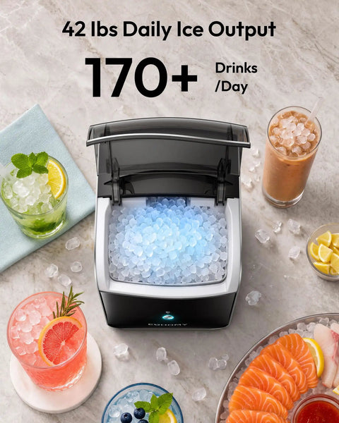 Fresh Freeze Countertop Nugget Ice Maker Yields 42 Lbs Soft Sonic Pebble Ice In Minutes With Smart App Alexa Hookup Self Cleaning Portable Pick For Home Office And Backyard Hangouts, countertop ice maker with blue pebble ice.