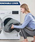 Woman placing Memory Foam Camping Mattress Pad cover in washing machine, emphasizing removable cover feature