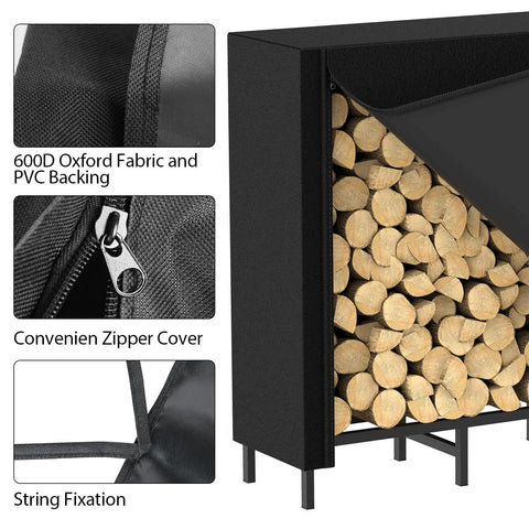 4 Foot Firewood Rack With Weatherproof Cover showing black metal frame and close-up of PVC zipper cover for dry firewood.