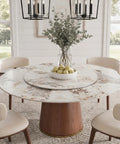 Built Different 53 Inch Round Dining Table Featuring Removable Lazy Susan Gold Ring Faux Marble Top with solid wood bucket pedestal.