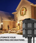 Heavy Hitter Outdoor Power Strip Timer With Dusk To Dawn Light Sensor, waterproof six outlet extension cord at a decorated house.