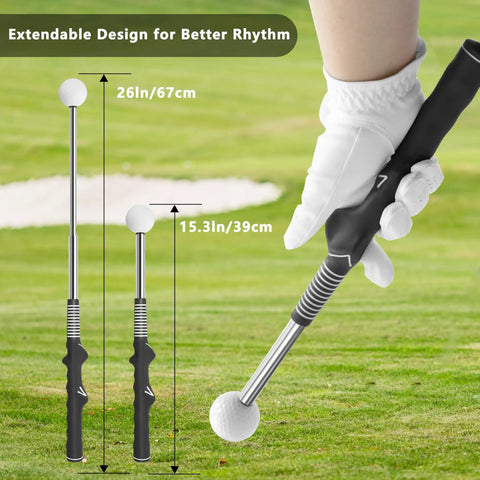 Retractable Golf Swing Training Aid For Beginners With Instant Click Feedback, shown with dimensions and user holding grip.