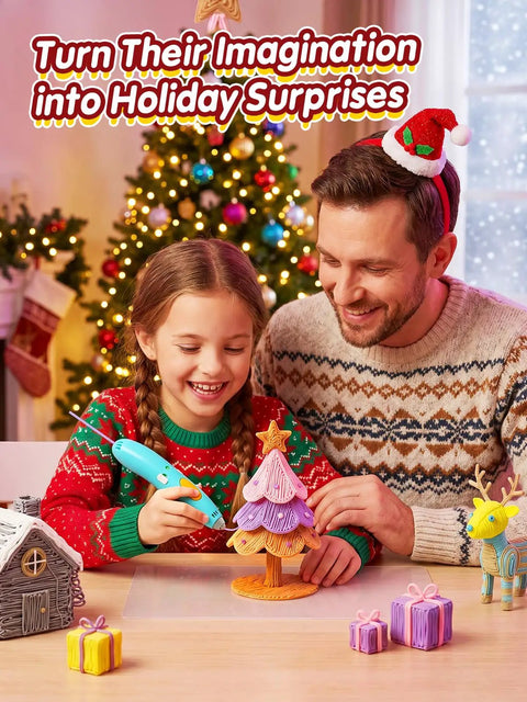 Man and girl using Premium 3D Pen Filament Refills Hella Durable With Ten Vivid Shades for holiday crafts.