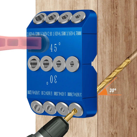 Angled Drill Guide Jig For Cable Railing And Deck Posts With 30 45 90 Degree Holes, All Metal Build, Blue, in use on wood post