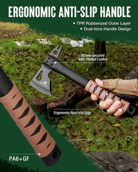 Person holding 12 Inch Camping Axe And Survival Hatchet With Sheath For Rugged Outdoor Tasks Black Coated Blade, ergonomic handle.