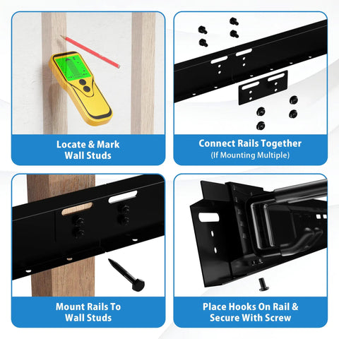 Step-by-step guide for installation of Big Boy Ski Rack Wall Mount For Garage Storage system, showing various mounting processes.