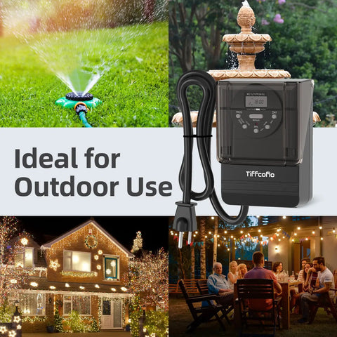 Outdoor Digital Light Timer Outlet 7 Day Programmable Plug In Switch With Dual Grounded Sockets shown with lights and water features.