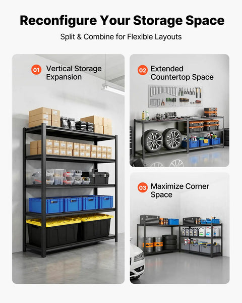 Top Notch Five Tier Garage Shelving Rack With Adjustable Steel Utility Shelf Holding 3000 Lbs Built Tough Frame shown in flexible layouts for storage.