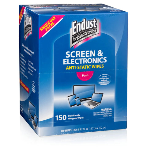 Box of Electronics Cleaning Wipes With Anti Static Formula, 150 count, showing screen cleaning application for devices.