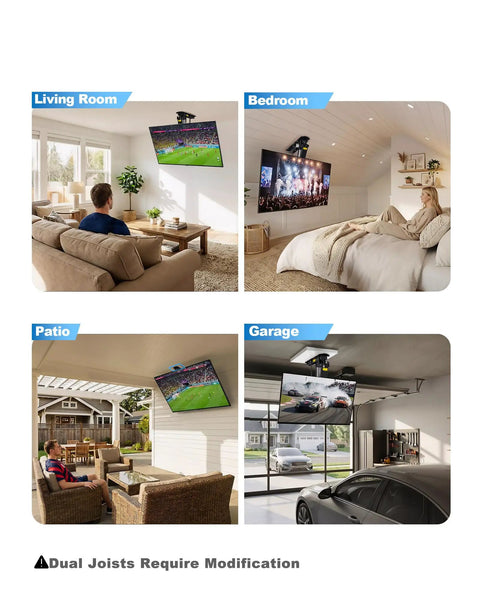 Motorized Drop Down Ceiling TV Mount Fits 32 To 70 Inch Screens With Wireless Remote Holds Up To 88 Lbs Heavy Duty in living room, bedroom, patio, and garage settings.