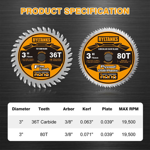 Premium 3 Inch Circular Saw Blades 4 Pack Features 36T And 80T Tungsten Carbide Teeth On A Versatile 3/8 Inch Arbor for cutting