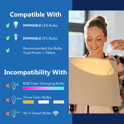 Woman demonstrating compatibility of Heavy Duty Tabletop Lamp Dimmer Switch With No Sweat Plug And Play Setup for LED and CFL bulbs.