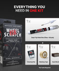 Matte Black Rim Touch Up Paint And Wheel Scratch Repair Kit with dual-tip applicator, cleaning pad, masking tape, and sand block in packaging.