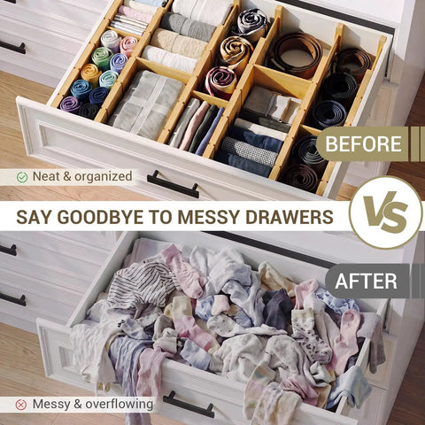 Hella Sturdy Bamboo Drawer Dividers Expandable Closet Organizers For Clothes in organized vs messy dresser drawers.