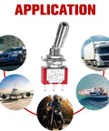 Two Pack SPDT Mini Toggle Switch 3 Pin 2 Position On On 5A 125V And 3A 250V with application images for car, boat, and electronic projects
