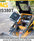 Open hood of Mini Triangular Track Skid Steer Loader With 23HP Gas Engine And 46 Inch Bucket Stand On Crawler Machine
