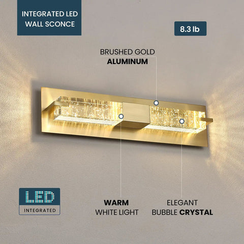 Hot Gold 19 Inch LED Wall Sconce With Crystal Bubble Glass mounted on wall, showing integrated dimmable 3000K warm white lighting