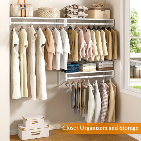 Heavy Duty Workhorse Wall Mounted Closet Shelves With Hanging Rod Four Pack Floating White Wire Shelving For Laundry Room And Garage Organization Straight Shooter Setup with organized clothes and storage boxes.