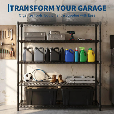 Tough As Nails Rock Solid Heavy Duty Metal Storage Rack Five Tier Wire Shelf with tools and supplies in garage setting.