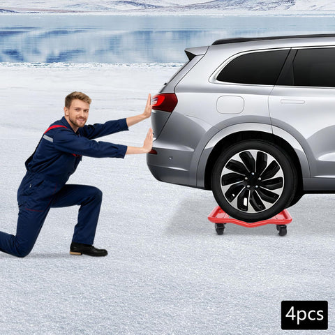 Rock Solid Hard Core Vehicle Tire Dolly Set Of Four Premium Steel Frame under rear tire of silver SUV on workshop floor.