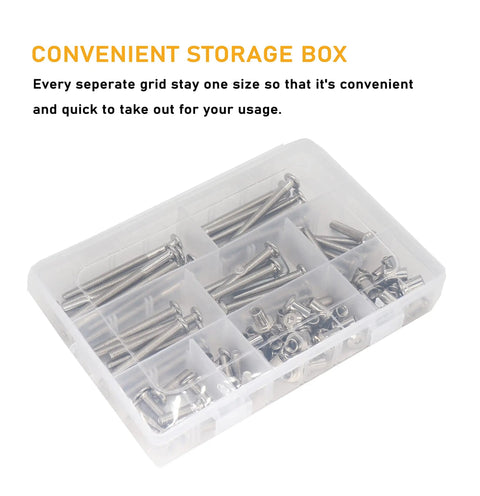Real Deal M6 Socket Cap Bolts And Barrel Nuts Assortment Kit Nickel Plated Hex Button Head Screws For Furniture Assembly and Crib Repair 100 Piece M6X20 To M6X80MM Set in plastic storage box.