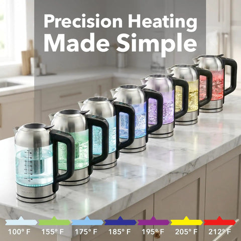 Digital Glass Electric Kettle With Temperature Control, 1.8L Cordless Tea Kettle showing multi-color LED temperature presets
