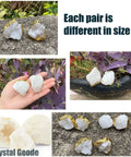 Set Of Natural White Quartz Geode Cabinet Knobs With Gold Plated Drawer Pulls Unique Irregular Crystal Stone Hardware total room glow up and dang clean vibe displayed in various sizes and angles.