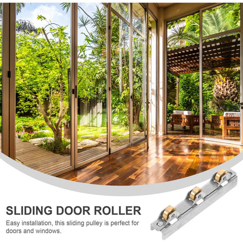 Heavy Duty Glass Sliding Door Roller Wheel Double Bearing Smooth Operator Pulley installed in a modern home with large sliding doors.