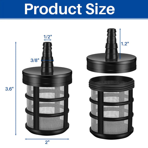 4 Pack Hose Filters For Water Pumps, 50 Mesh Stainless Steel Sediment Strainers, 3/8 To 1/2 Inch Inlet, size dimensions shown