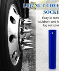 Hex Lug Nut Cover Socket Installation Tool For 1.5-Inch And 32mm/33mm Lug Nut Covers On Semi Trucks, Trailers, RVs And Heavy Duty Vehicles, blue ABS tool shown next to wheel.