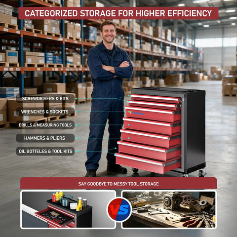 Heavy Duty Seven Drawer Rolling Tool Chest With Lockable Drawers And Waterproof Top Red Mobile Workshop Cabinet for organized tool storage.
