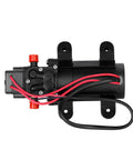 Top view of 12V DC Water Pump For RV And Boat, 1.2 GPM Diaphragm Pump, Self Priming Up To 4 Feet, black with red and black wires.