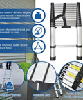 12.5 Foot Telescoping Aluminum Ladder With One Button Retraction Collapsible Extension Ladder for Indoor and Outdoor Use Lightweight Rust Resistant Easy To Carry And No Fuss Setup on display with features highlighted.