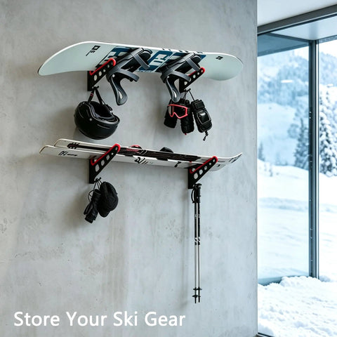 Heavy Duty Metal Snowboard Rack And Ski Wall Mount With Bottom Hooks To Stack Longboards And Skateboards Vertically Takes Zero Floor Space Built Tough For The Daily Shred with snowboard, skis, and gear.