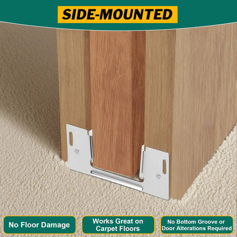 Side-mounted 8 Piece Pocket Door Bottom Guide Set for Hidden Sliding Doors on carpet, jamb mounted steel with nylon guides.