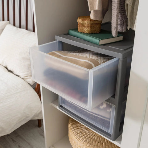 Under Bed Storage Drawers 30 Qt 2 Pack, Stackable Plastic Organizer Bins for Bedroom Closet and Dorm with open drawer