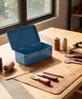 Heavy Duty Vintage Iron Tool Box For Home Garage Workshop, Built Tough Metal Storage Case With Secure Clip Lid on workbench.