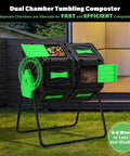 Rotating Dual Chamber Compost Bin with no fuss assembly for yard, kitchen, and garden waste, 45 gallon, green door, outdoor use