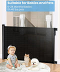 Extra Wide Retractable Baby Gate 33 Inch Tall Extends To 72 Inches Mesh Gate For Kids And Pets With Alarm in doorway with toddler and pets.