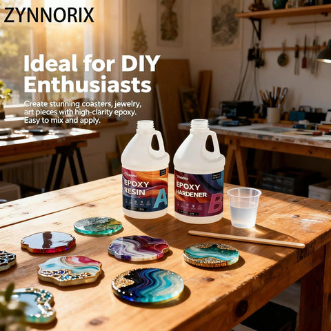 Crystal Clear Epoxy Resin Kit 1 Gallon Self Leveling UV Resistant Rapid Cure For DIY Projects River Tables Woodworking Art Molds Casting Jewelry And Crafts For Beginners And Pros on a table with colorful coasters