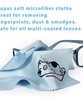 TreVee microfiber cleaning cloths, light blue with a cartoon dog face; eyeglasses nearby, 6x6 inches, 10-pack