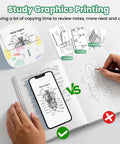Portable Mini Sticker Printer With Bluetooth Inkless Thermal Technology printing study graphics, notebook with drawings.