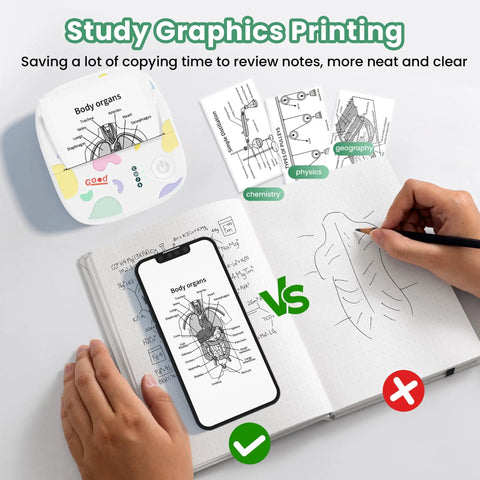 Portable Mini Sticker Printer With Bluetooth Inkless Thermal Technology printing study graphics, notebook with drawings.