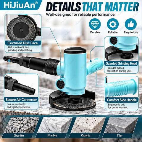 Heavy Duty Pneumatic Angle Grinder Four Inch Rotary Polisher With Oil Port And Filtered Air Inlet Spins Quick At Thirteen Thousand Rpm with textured disc on granite surface.